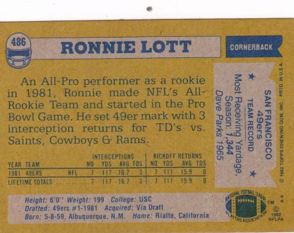 1982 Topps #486 Ronnie Lott Rookie - Image 4