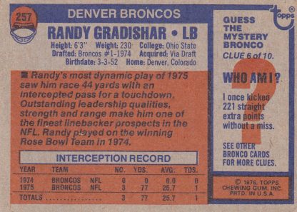 1976 Topps #257 Randy Gradishar Broncos - Image 3