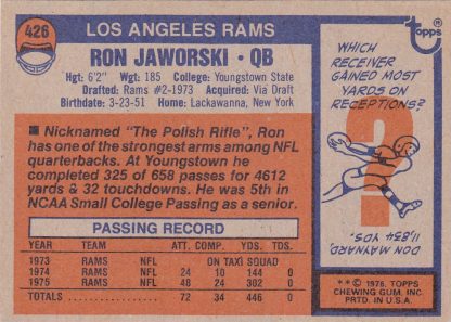 1976 Topps #426 RON JAWORSKI RC Rookie Los Angeles Rams - Image 2