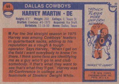 1976 Topps #44 Harvey Martin Dallas Cowboys - Image 2