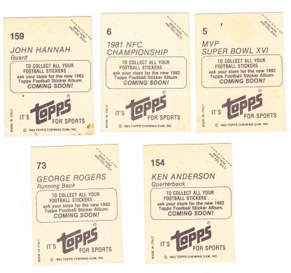 Lot Of 5- 1982 Topps Football Stickers  5 Joe Montanna, 6, 73 Rogers, 154 Anderson, 159 Hannah - Image 3