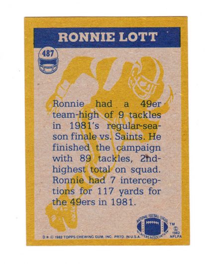 1982 Topps Football Ronnie Lott #487 In Action - Image 3