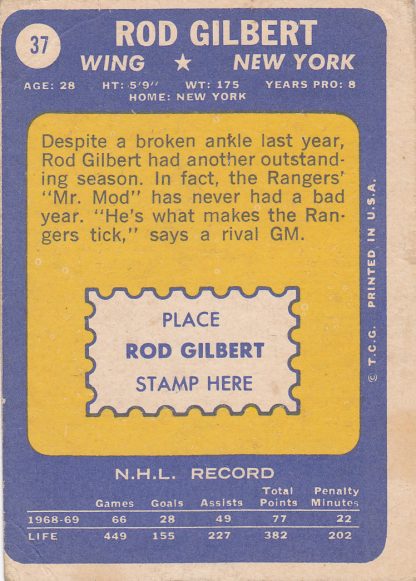 1969-70 Topps Hockey Card # 37 Rod Gilbert (HOF) - New York Rangers - Image 2