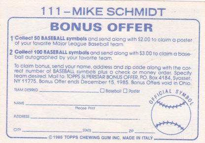 Lot Of 4- 1982 & 1985 Topps Mike Schmidt Baseball Stickers 3, 74, 123, 111 - Image 10