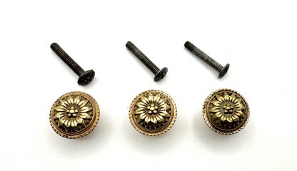 Lot Of 3 Brass Knobs Drawer Cabinet Pulls - Floral Design